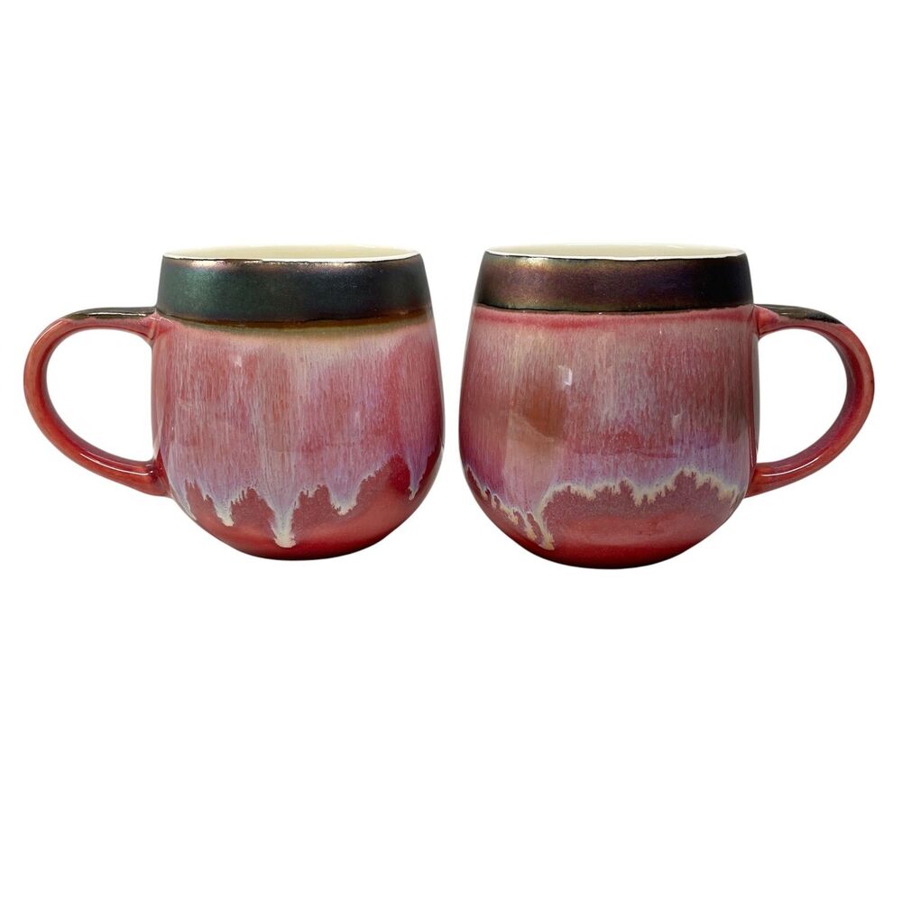 Vtg Pair 2 La Rochelle Drip Glaze Handcrafted Stoneware Pink Coffee Mug Cup Tea